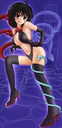  asymmetrical_wings black_hair black_legwear elbow_gloves gloves highres houjuu_nue kurowana navel red_eyes solo swimsuit thighhighs touhou wings 