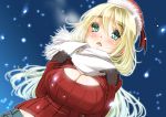  1girl alternate_costume aqua_eyes atago_(kantai_collection) black_gloves blonde_hair blush breasts cleavage cleavage_cutout dutch_angle gloves hat kantai_collection long_hair looking_at_viewer open-chest_sweater open_mouth santa_hat scarf snowing sogabe_toshinori solo steam sweater 