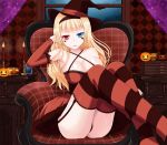  bare_shoulders blonde_hair blue_eyes breasts cleavage detached_sleeves facial_tattoo garter_straps hairband halloween hat heart heterochromia jack-o&#039;-lantern jack-o'-lantern kay large_breasts long_hair looking_at_viewer original pumpkin red_eyes sitting skirt solo star striped striped_legwear tattoo thigh-highs thighhighs witch_hat 