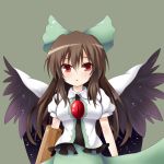  arm_cannon black_wings bow brown_hair cape cyanomirahi hair_bow highres long_hair open_mouth red_eyes reiuji_utsuho shirt skirt solo space star_(sky) tears third_eye touhou weapon wings 