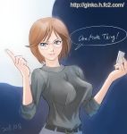  1girl apple_inc. breasts brown_hair copyright_request dated digital_media_player female genderswap ginko_(silver_fox) impossible_clothes impossible_clothing impossible_shirt ipod large_breasts pointing shirt short_hair smile solo steve_jobs watermark web_address 