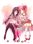  akemi_homura argyle argyle_legwear black_hair bouquet bow braid capelet dress flower frills glasses hair_bow hairband happy_birthday high_heels kaname_madoka long_hair mahou_shoujo_madoka_magica multiple_girls naru_(andante) open_mouth pantyhose pink_dress pink_eyes pink_hair purple_eyes ribbon shirt shoes short_hair sitting skirt smile twin_braids twintails v_arms violet_eyes 