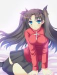  aqua_eyes black_hair black_legwear blue_eyes bow cross fate/stay_night fate_(series) female hair_bow hair_ribbon ichika_masaya long_hair miniskirt pleated_skirt ribbon skirt solo thigh-highs thighhighs tohsaka_rin toosaka_rin turtleneck zettai_ryouiki 