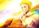  animal aonome blonde_hair earrings fate/stay_night fate/zero fate_(series) gilgamesh jewelry lion male red_eyes solo toga 