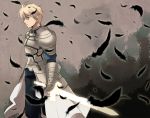 archetype_saber armor blonde_hair fate/prototype fate/stay_night fate_(series) feathers green_eyes hanbu male saber_(fate/prototype) saver short_hair solo sword weapon 