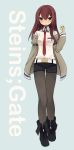  belt black_legwear blush boots brown_hair dadami jacket legwear_under_shorts long_hair looking_at_viewer makise_kurisu necktie pantyhose purple_eyes shorts solo standing steins;gate tears thigh_gap thighs violet_eyes wavy_mouth 