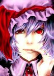  absurdres brooch close-up colored_eyelashes face hat hat_ribbon highres jewelry johnalay lips portrait purple_hair red_eyes remilia_scarlet ribbon short_hair signature solo touhou 