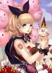  blonde_hair blue_eyes bow breasts candy_apple cleavage earrings hair_bow jewelry long_hair nail_polish olivia_(yh) open_mouth original parfait pig star tattoo tears 