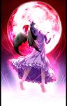 barefoot bat_wings blue_hair dress full_moon hat highres maeda_kousuke magic_circle moon open_mouth outstretched_arms red_eyes red_moon remilia_scarlet solo touhou wings 