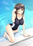  bare_shoulders barefoot black_eyes black_hair braid breasts clothed_navel competition_swimsuit goggles goggles_on_head hanasaku_iroha large_breasts long_hair miyai_max one-piece_swimsuit oshimizu_nako pool poolside swimsuit taut_swimsuit twin_braids wet wink 