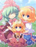  alice_margatroid anime_coloring bellflower belt blonde_hair blue_dress blue_eyes blue_sky capelet closed_eyes doll dress eyes_closed family flower flower_field frills green_hair hair_flower hair_ornament hair_ribbon hairband hands_on_shoulders head_wreath kagiyama_hina lily_of_the_valley medicine_melancholy multiple_girls nullpooo open_mouth red_dress ribbon sash sitting sky smile su-san touhou v_arms wrist_cuffs wrist_ribbon 