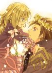  1girl alvin_(tales_of_xillia) blonde_hair bow brown_eyes brown_hair coat couple dress elise_lutas elise_lutus flower frills gathers green_eyes jewelry long_hair noonoo pendant ribbon ruffles tales_of_(series) tales_of_xillia wreath 