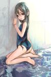  ass back bare_shoulders barefoot black_eyes black_hair child dwayne_(wadk) feet flat_chest from_behind highres kneeling long_hair looking_at_viewer looking_back one-piece_swimsuit open_mouth original sketch smile solo swimsuit water wet 
