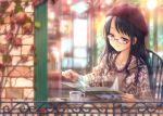  black_hair blush book brick_wall brown_eyes glasses goto_p hat jewelry long_hair necklace original poncho reading red-framed_glasses sitting solo 