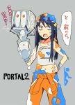  aperture_science_handheld_portal_device bandage bandages bare_shoulders blue_eyes blue_hair blush box chell clothes_writing frankenturret hand_on_hip hips jumpsuit kitano_yuusuke long_hair midriff navel open_mouth portal portal_2 slime solo sweat tank_top translated translation_request turret_(portal) wet 