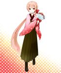 boots bouquet bow brown_eyes flower hair_bow hair_ribbon highres japanese_clothes nekomura_iroha pink_hair ponytail ribbon sarukomea smile solo vocaloid 
