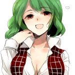  74_(teduka) bad_id breasts bust cleavage green_hair hair_flip kazami_yuuka large_breasts looking_at_viewer open_clothes open_mouth open_shirt red_eyes shirt short_hair sketch smile solo touhou youkai 