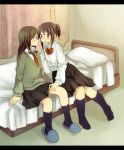  bed blush brown_eyes brown_hair eye_contact hachiko_(hati12) hand_on_thigh kneehighs letterboxed long_hair looking_at_another multiple_girls necktie original payot pillow ponytail school_uniform sitting skirt slippers sweater_vest yuri 