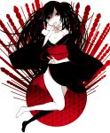  :3 asa_no_ha_(pattern) bad_id bare_shoulders barefoot black_hair collarbone hasuhashi hatsune_miku highres japanese_clothes kimono long_hair musunde_hiraite_rasetsu_to_mukuro_(vocaloid) off_shoulder red_eyes red_string side_slit simple_background smile solo string twintails very_long_hair vocaloid white_background yukata 