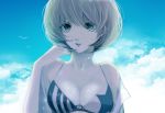  bikini_top blonde_hair blue_eyes breasts cleavage cloud light_smile off_shoulder open_clothes open_shirt original shirt short_hair sky solo uno_(colorbox) wet 