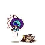  blue_hair chibi earmuffs headphones irony jumping multiple_girls open_mouth ritual_baton role_reversal shirt silver_hair skirt socha surprised tatara_kogasa touhou toyosatomimi_no_miko trap_door turn_pale umbrella wavy_mouth |_| 