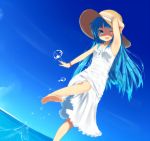  bad_id barefoot blue_eyes blue_hair copyright_request cover dress dutch_angle feet hat holding holding_hat jewelry long_hair masamuuu necklace smile soles solo splash splashing sun_hat sundress toes water wink 