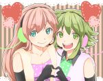  blue_eyes earmuffs elbow_gloves gloves green_eyes green_hair gumi happy_synthesizer_(vocaloid) headphones headset kana_(okitasougo222) long_hair megurine_luka multiple_girls open_mouth pink_hair short_hair smile vocaloid 