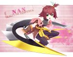  angry bad_id blade boots brown_hair character_name gloves green_eyes nan open_mouth short_hair side_ponytail solo spandex sturm tales_of_(series) tales_of_vesperia title_drop torn_clothes weapon 
