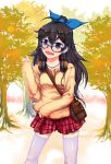  bag bespectacled black_hair blue_eyes blush bow earrings efyuru fang ganaha_hibiki glasses hair_bow headphones headphones_around_neck idolmaster jewelry necklace open_mouth ponytail purse skirt sleeves_past_wrists smile thigh-highs thighhighs tree 