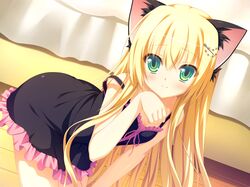  artist_request bent_over blonde_hair blush cat_ears cat_pose character_request game_cg green_eyes highres indoors long_hair narumi_yuu_(bunbukudou) nimura_yuuji official_art oni_gokko! paw_pose smile solo sumiyoshi_kureha 