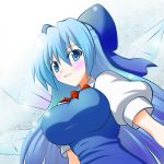  adult blue_eyes blue_hair breasts cirno cirno-nee from_below hair_ribbon ice ice_wings large_breasts long_hair osashin_(osada) ribbon shin_osada solo touhou wings 