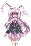  1girl animal_ears blazer crescent_moon formless_god grey_background highres long_hair long_sleeves moon necktie open_mouth purple_hair rabbit_ears red_eyes reisen_udongein_inaba skirt solo touhou very_long_hair 