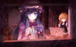  arctic blonde_hair book bookshelf computer crescent dress flask globe hair_ribbon hat hat_removed headwear_removed hourglass kirisame_marisa laptop library long_hair multiple_girls patchouli_knowledge purple_eyes purple_hair ribbon roman_numerals round-bottom_flask science touhou violet_eyes voile window yellow_eyes 