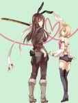 black_hair blue_eyes boots bunny_ears bunny_tail detached_sleeves estellise_sidos_heurassein heart heart_of_string long_hair miho_(mi) pink_hair short_hair shorts sword tail tales_of_(series) tales_of_vesperia thigh-highs thigh_boots thighhighs weapon yuri_lowell 
