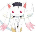  black_hair cosplay facial_hair kyubey labcoat mahou_shoujo_madoka_magica okabe_rintarou okabe_rintarou_(cosplay) parody red_eyes short_hair solo steins;gate stubble 