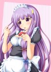  alternate_costume apron blush bow breasts crescent enmaided highres long_hair maid maid_headdress neats open_mouth patchouli_knowledge purple_eyes purple_hair solo striped striped_background touhou violet_eyes 