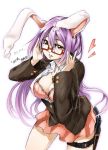  adjusting_glasses animal_ears bespectacled blush bra breasts bunny_ears carrot cleavage dress_shirt glasses gun handgun heart holster jewelry large_breasts lingerie long_hair necklace open_clothes open_shirt phenne purple_hair red_eyes reisen_udongein_inaba shirt skirt solo thigh_holster touhou underwear weapon 
