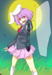  animal_ears artist_request bad_id blank_word_bubble bunny_ears fangs footwear full_moon grass gun koishi_adventure moon necktie open_mouth pin post purple_hair red_eyes reisen rifle ryuura short_hair skirt smile socks solo speaking speech_bubble template touhou weapon 