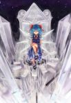 absurdres blue_dress blue_eyes blue_hair bow cirno dress footwear hair_bow highres ice ice_wings mary_janes mizore_akihiro shoes sitting smile socks solo throne touhou wings 