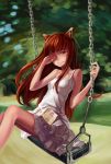  animal_ears book brown_eyes brown_hair camisole dress highres holo horo long_hair manga manga_(object) sitting solo spice_and_wolf sundress swing swinging wolf_ears xiamianliele 
