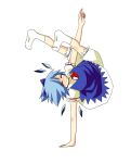  bloomers blue_hair breakdance cirno dress handstand ice ice_wings kuze smile socks solo touhou upside-down wings 