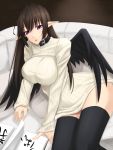  black_legwear black_wings breasts brown_hair collar highres long_hair open_mouth original pointy_ears purple_eyes reading shuugetsu_karasu sitting solo sweater thigh-highs thighhighs violet_eyes wings 