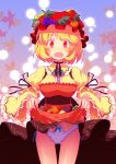  :o aki_minoriko apple apron arm_ribbon autumn_leaves blonde_hair blush bow_panties breasts choker dress_lift food fruit grapes hat highres ikmg long_sleeves looking_down neck_ribbon open_mouth panties pantyshot persimmon red_eyes ribbon shirt short_hair skirt skirt_basket skirt_lift sleeves_past_wrists solo sweet_potato touhou underwear white_panties wide_sleeves 