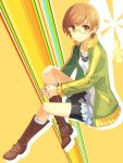  1girl bike_shorts boots brown_eyes brown_hair casual glasses h2so4 jewelry looking looking_at_viewer necklace open_clothes open_jacket persona persona_4 satonaka_chie short_hair sitting smile solo track_jacket yellow-framed_glasses 