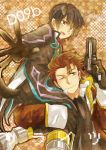  alvin_(tales_of_xillia) animal_ears bachi_(bachoo) bad_id black_hair brown_eyes brown_hair carrying collar gloves gun jude_mathis male multiple_boys scarf sitting_on_shoulder smile tail tales_of_(series) tales_of_xillia weapon wink 