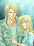  blonde_hair blue_eyes buttons hug jacket kyle_reese long_hair lowres manly oldschool rffcq251 sarah_connor serious sleeves_rolled_up terminator traditional_media trench_coat worried 