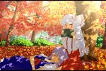  autumn blue_hair blush book bow covering_mouth embarrassed fujiwara_no_mokou hair_bow highres ibaba kamishirasawa_keine lap_pillow leaf letterboxed long_hair lying multiple_girls nature no_hat no_headwear on_back silver_hair sitting suspenders touhou tree tree_shade very_long_hair 