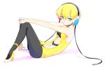  batsu black_legwear blonde_hair blue_eyes headphones high_heels kamitsure_(pokemon) navel pantyhose pokemon pokemon_(game) pokemon_black_and_white pokemon_bw shoes short_hair simple_background sitting solo white_background 