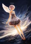  bare_shoulders barefoot bryanth cloud dress dutch_angle halo highres lavender_hair original pink_hair red_eyes short_hair single_wing sky solo sun wings 