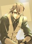  bracelet brown_eyes brown_hair deadchicken584 facial_hair jewelry kaburagi_t_kotetsu male mask muted_color muted_colors necktie short_hair solo stubble tiger_&amp;_bunny vest waistcoat watch wristwatch 